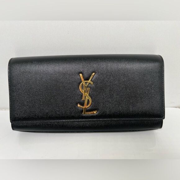 YVES SAINT LAURENT KATE CLUTCH IN GRAIN DE POUDRE LEATHER BLACK HANDBAG - Picture 2 of 11